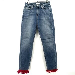 Good American Good Legs Crop Jeans 6/28 Blue High Rise Red‎ Pom Fringe Hem